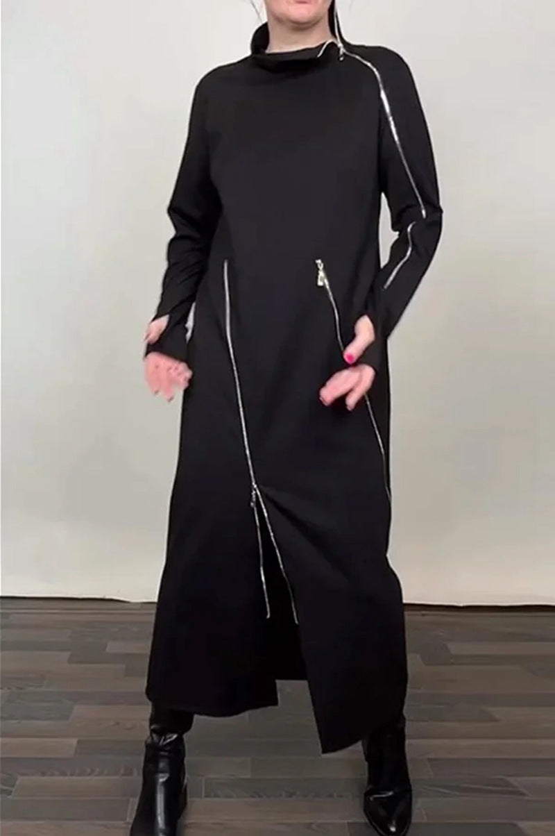 Dame nan langes strikkjole med asymmetrisk metallyzipper og frontsplit Skovae