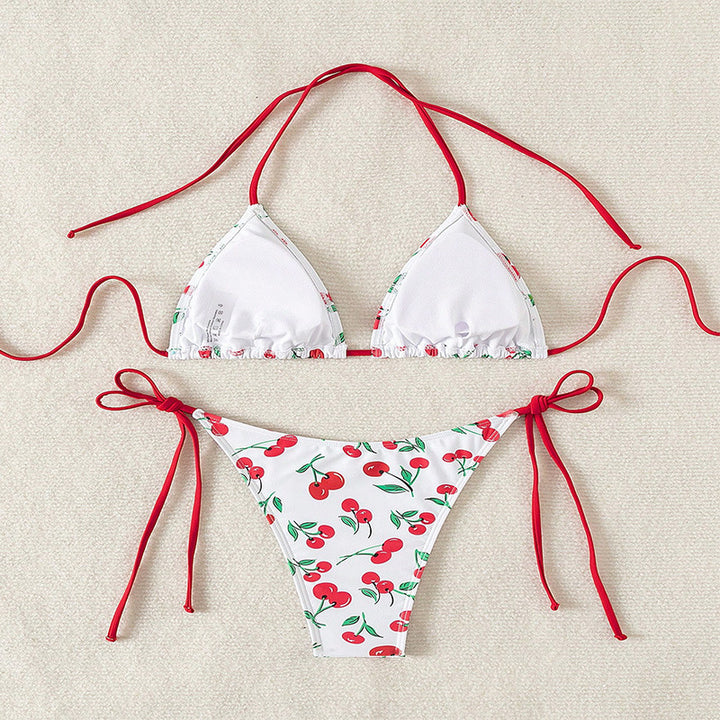Dame triangel-bikini med frugtagtigt mønster og justerbare snorebånd Skovae