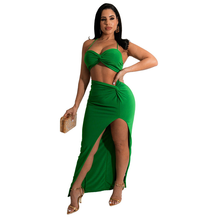 Dame To-delt Sæt med Crop Top og Wrap Skirt med høj Slids og elegant Design Stilla