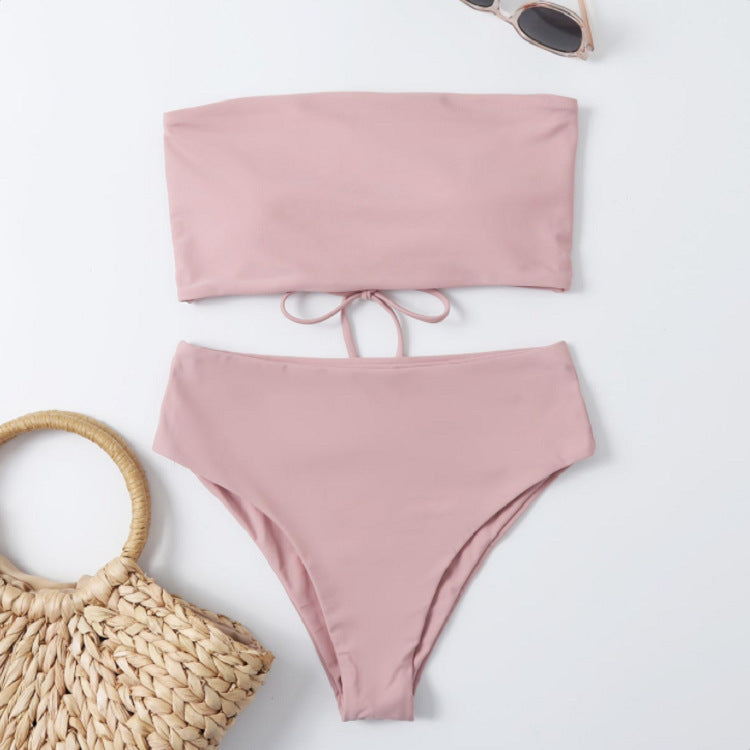 Dame bikini-sæt med bandeau-top og høj talje-bikini-bund Skovae