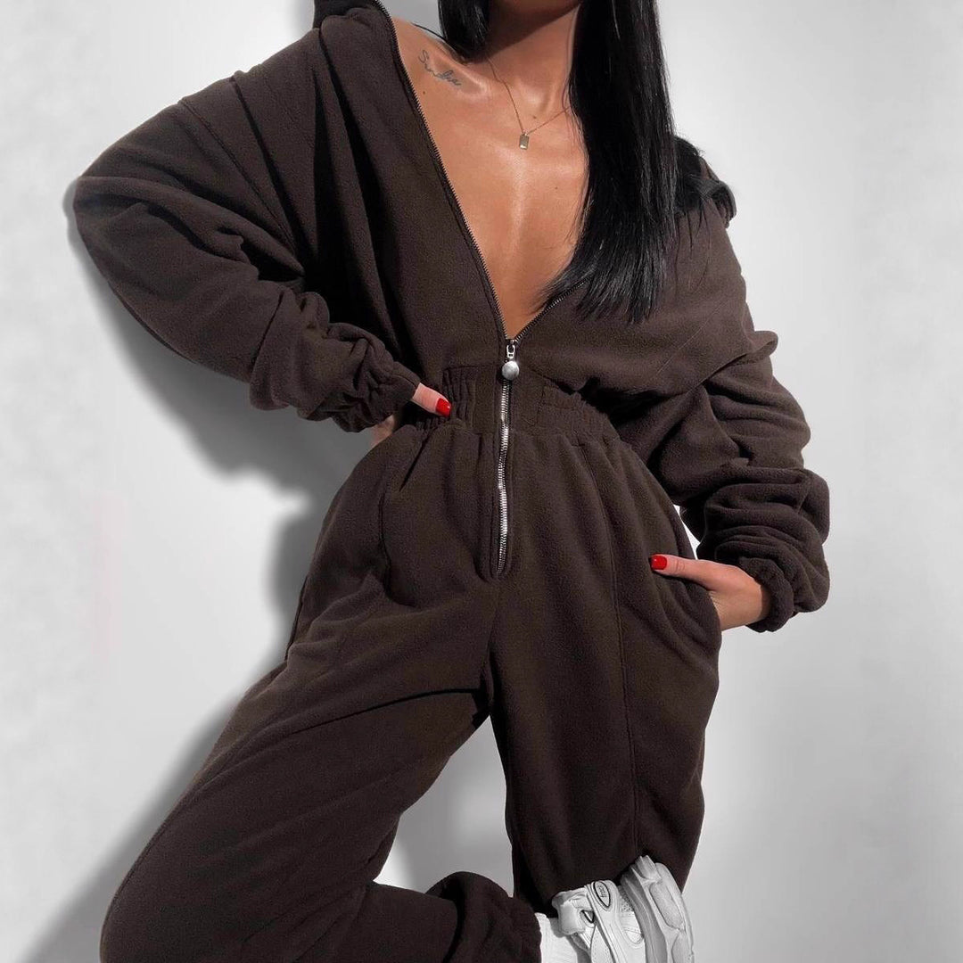 Kvinders fleece jumpsuit med dyb udskæring og lynlås Skovae