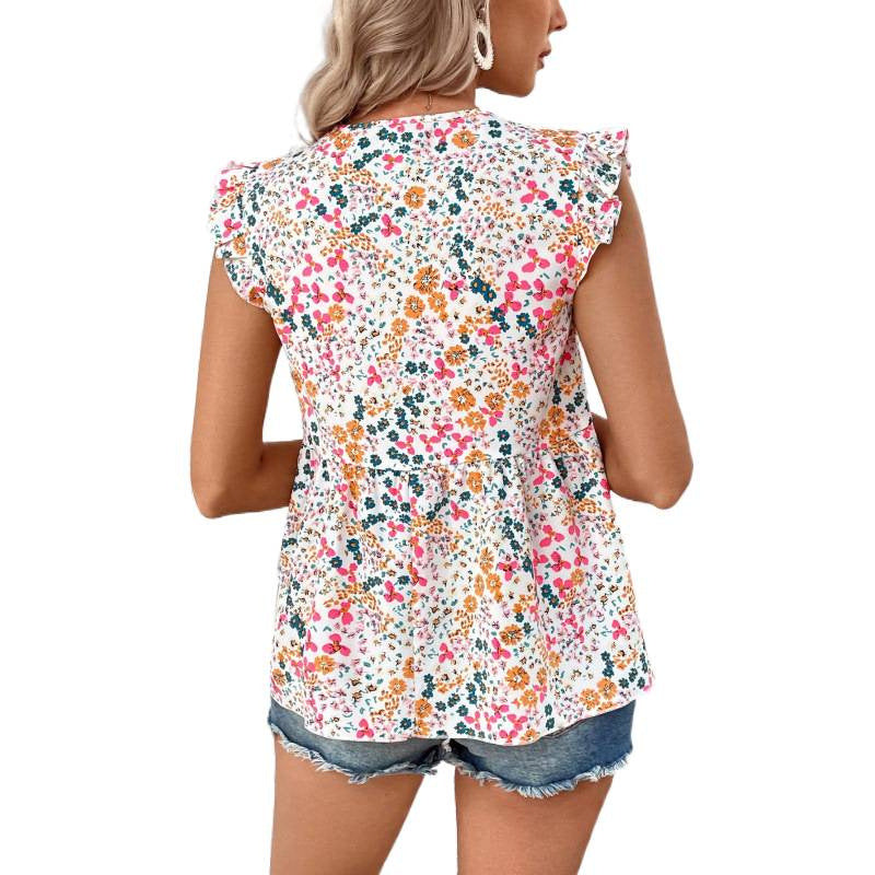 Dame Blusenshirt med blomsterdesign og V-udskæring Skovae