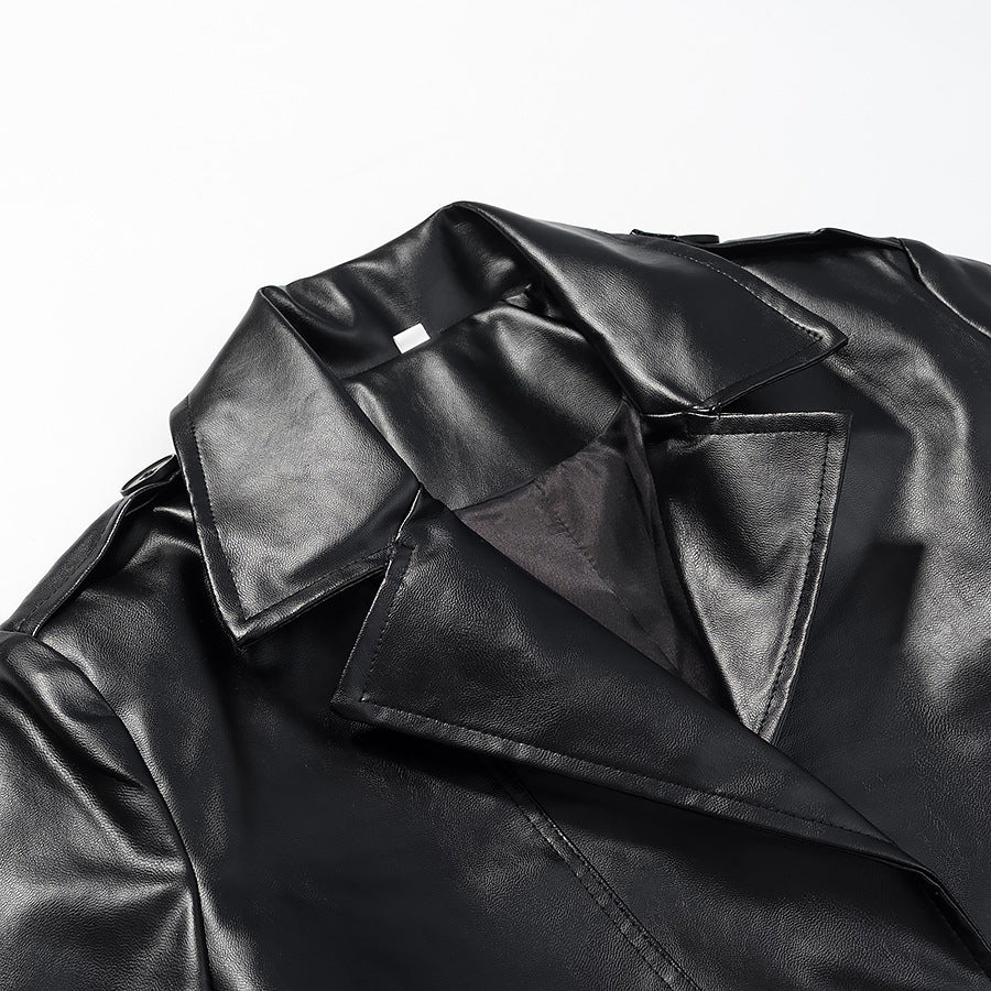 Damer Elegant Faux Læder Trench Coat med Stilfuld Bælte og Praktiske Lommer Stilla
