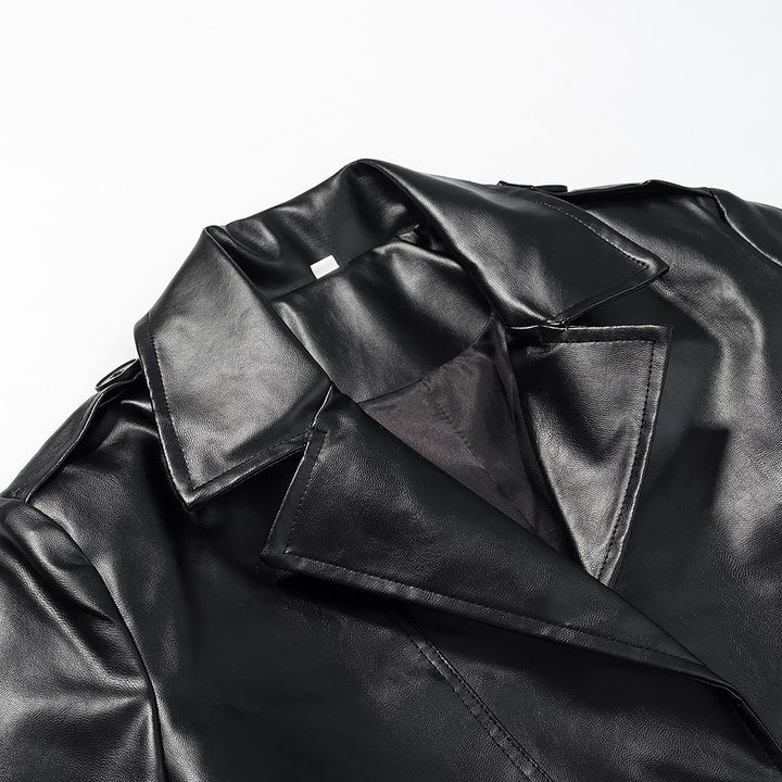 Damer Elegant Faux Læder Trench Coat med Stilfuld Bælte og Praktiske Lommer Stilla