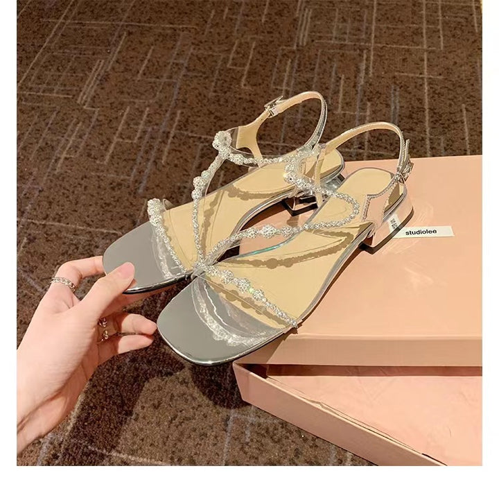 Dame Strass Sandaler med transparent remdesign og komfortabel blokhæl Stilla
