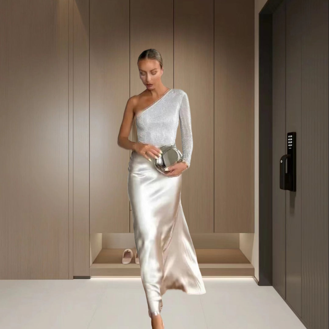 Dame Glitrende Langærmet Bodysuit med asymmetrisk Snit og raffineret Netdesign Stilla
