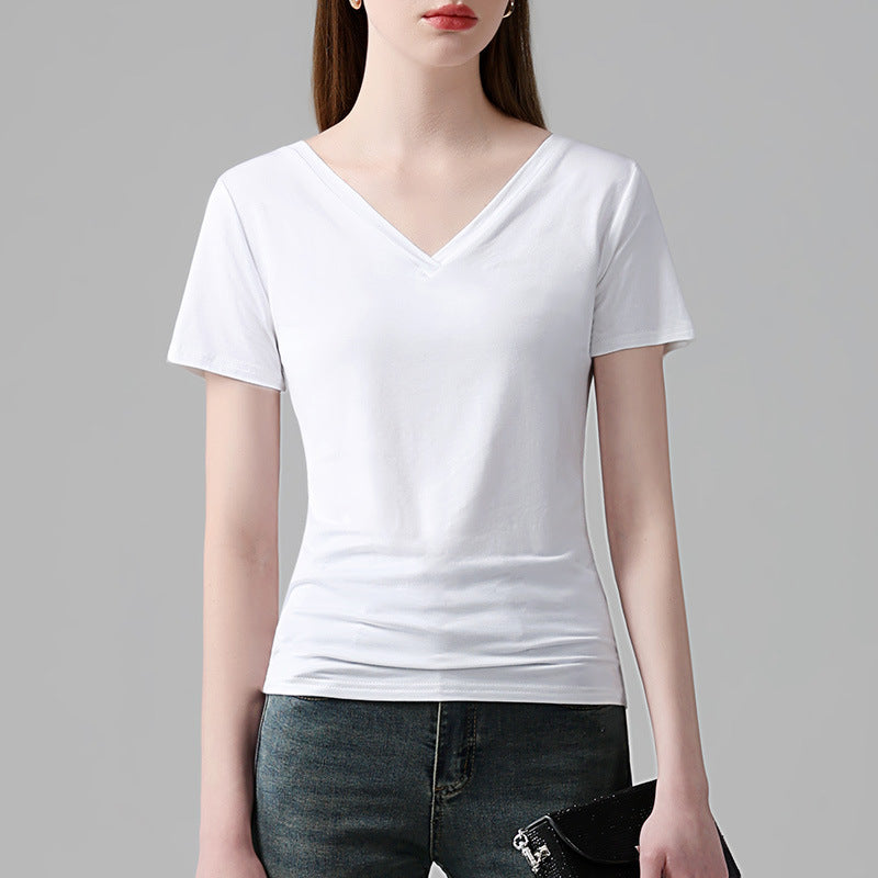 Dame elegant V-hals T-shirt lavet af høj kvalitet bomuldsblanding med figursyet pasform Stilla