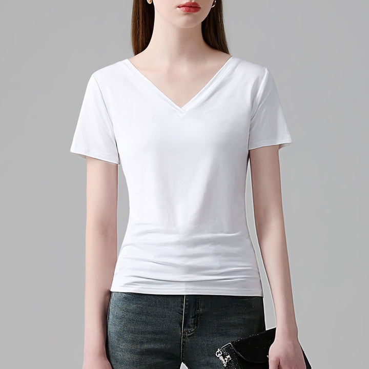 Dame elegant V-hals T-shirt lavet af høj kvalitet bomuldsblanding med figursyet pasform Stilla