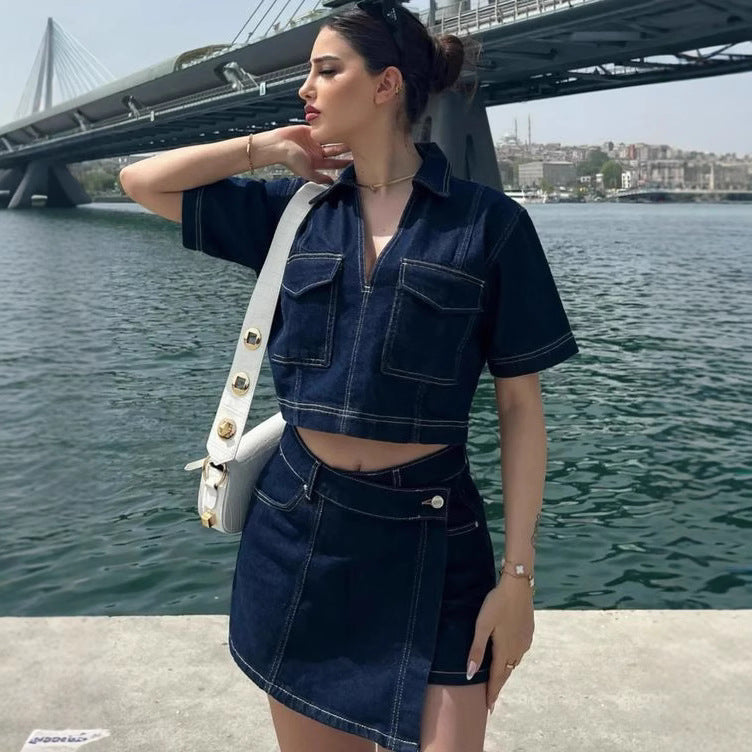 Dame Løs Denim-Crop-Top med matchende Nederdel Stilla