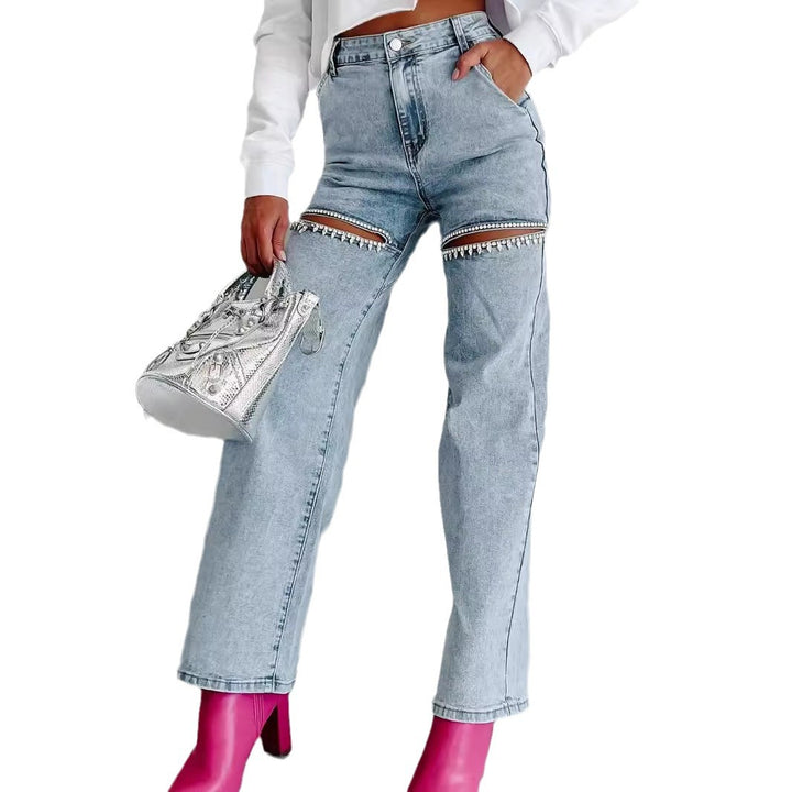 Damejeans i vintage-stil med åbne knæ og glimmerdetaljer Stilla