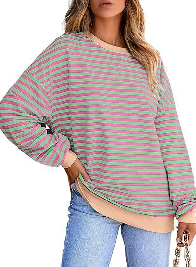 Dame stribet sweatshirt med farvematchende kant og afslappet snit Stilla
