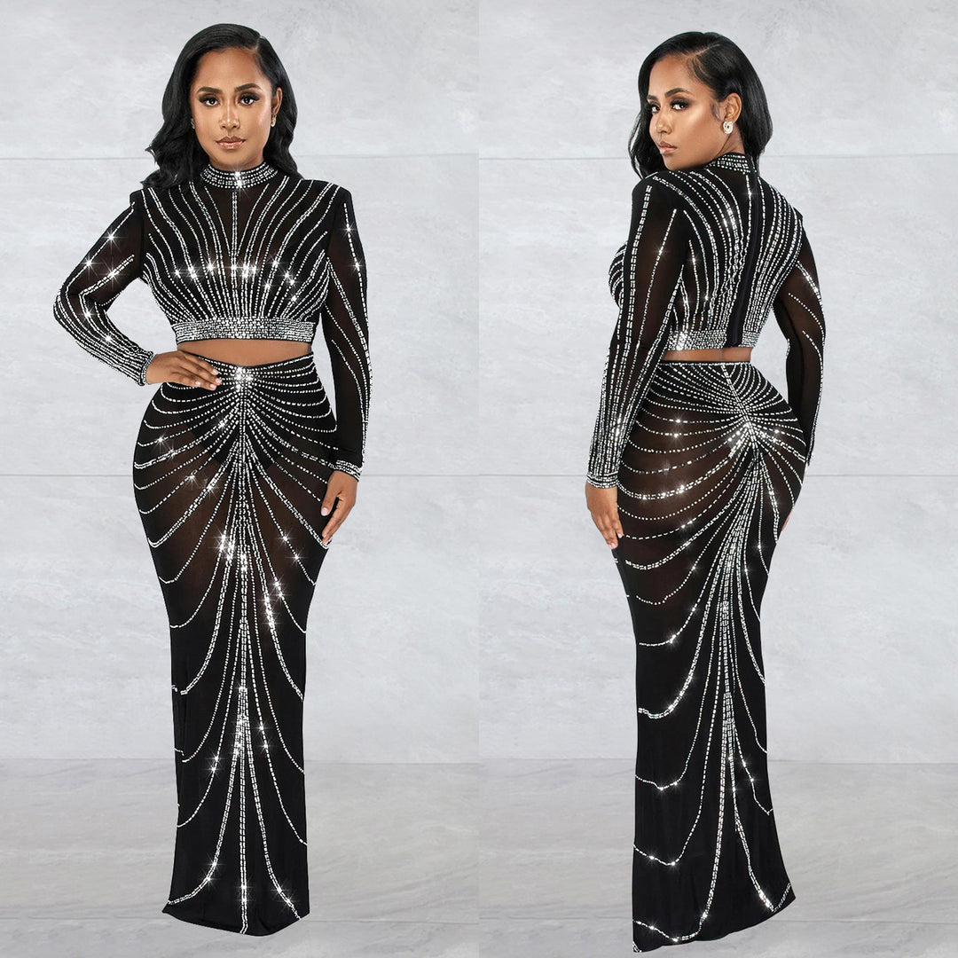 Dame Elegant Crop-Top og Maxi-Nederdel Sæt med glitrende Strass-dekorationer Stilla