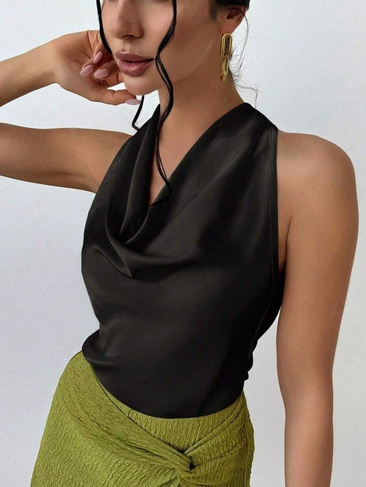 Dame Elegant satin top med smart vandfald udskæring Skovae
