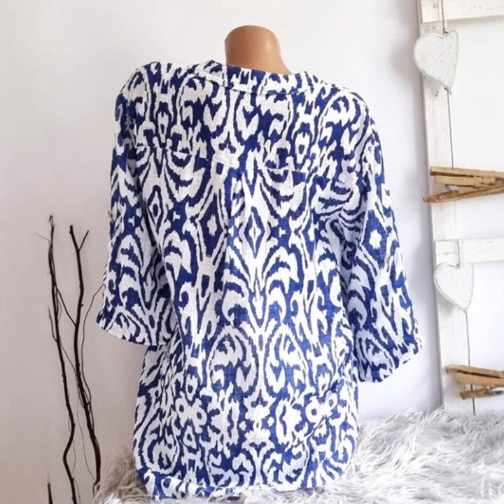 Dame nan locker skåret tunika-bluse med Ikat-mønster, V-hals og trekvartærmer Skovae
