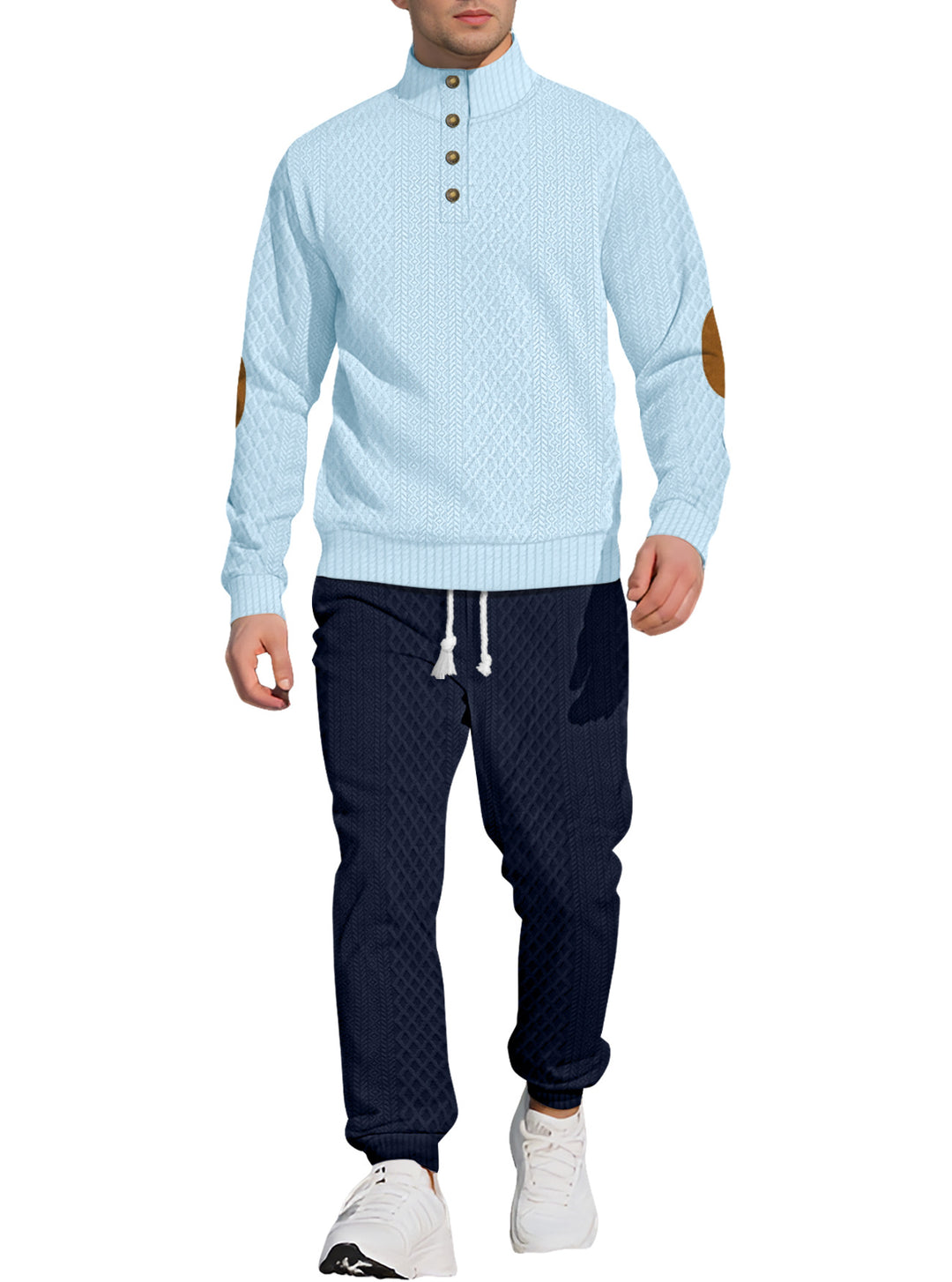 Herre nan struktureret strik-fritidsoutfit med halvknap-høj krave, daim-ellbogenlapper og snøre-bund joggers Skovae