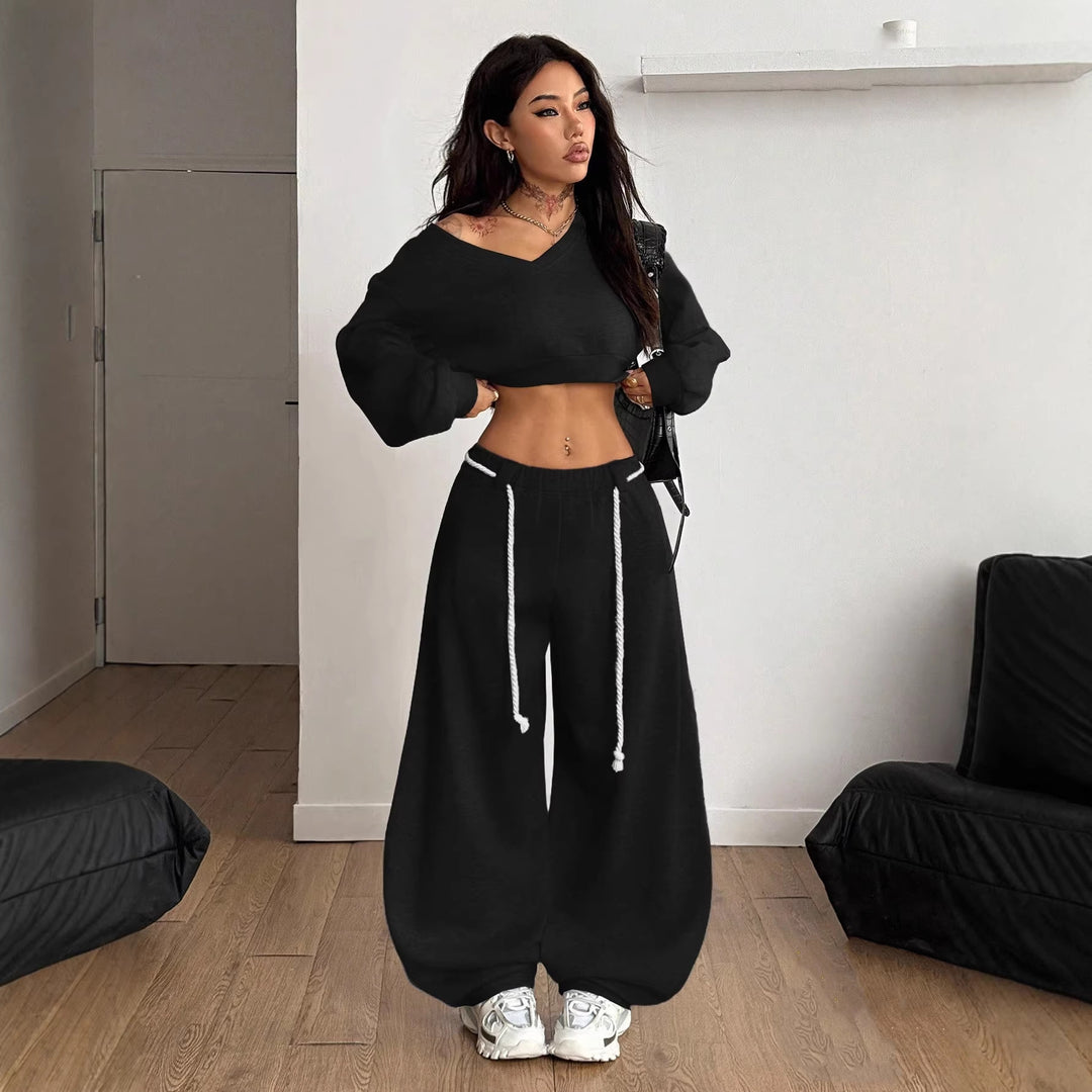 Kvindernes afslappede crop top og brede ben bukser sæt Skovae