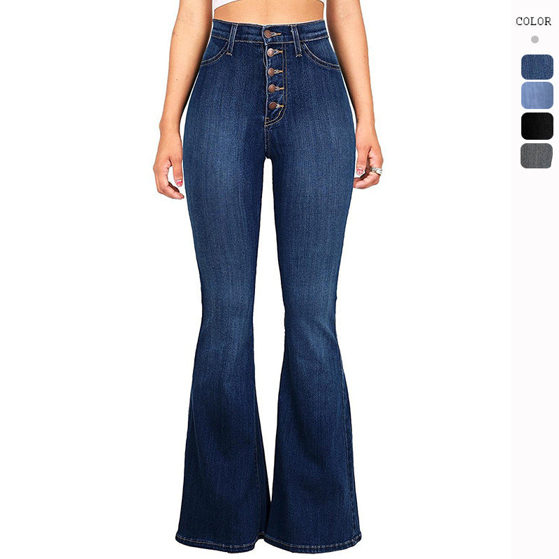 Kvindernes Høj Talje Flared Jeans med Dekorative Knapper Stilla