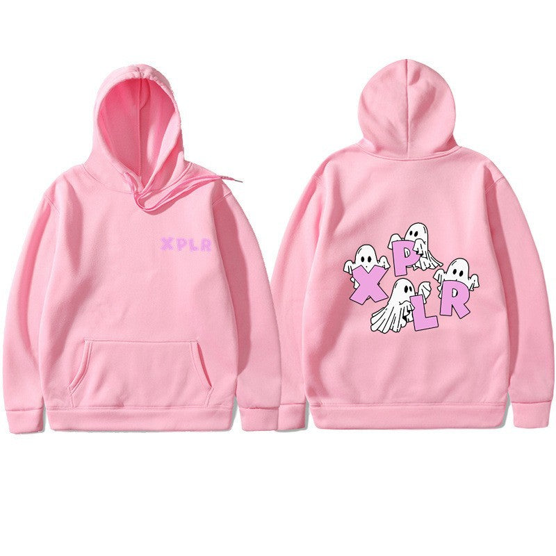 Dame hoodie med kreativt spøgelsesmotiv og kangaroo lomme Skovae