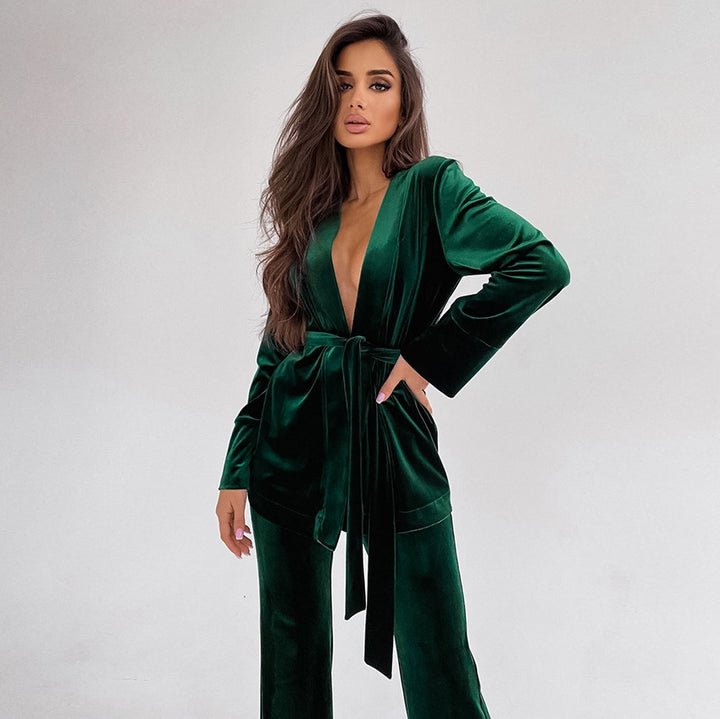 Dame elegant fløjls Jumpsuit-sæt med knælangt snit og taljeringabel bælte Stilla