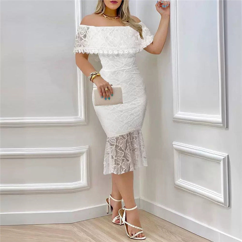 Damen Off-Shoulder Spitzenkleid mit voluminösem Saum Skovae