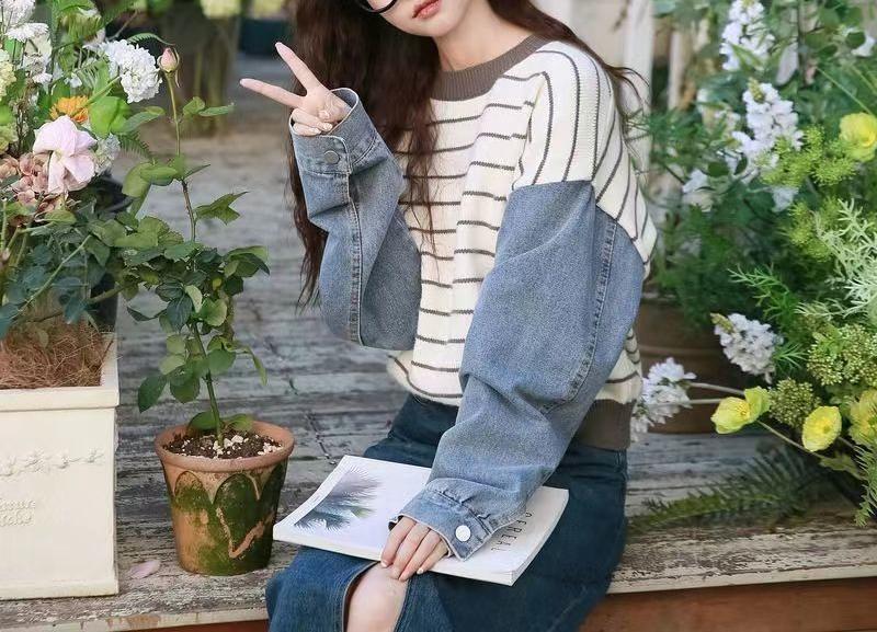 Dame mode sweater med denim ærmer Stilla