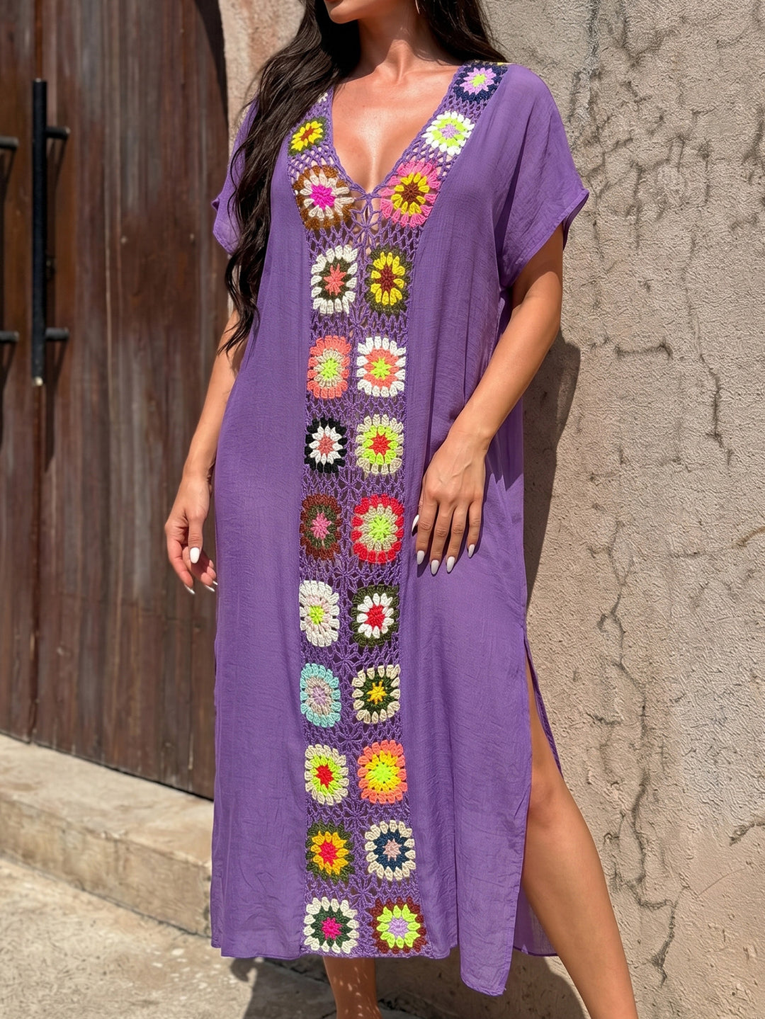 Damer hækle-strandkimono med blomster patchwork-design Skovae