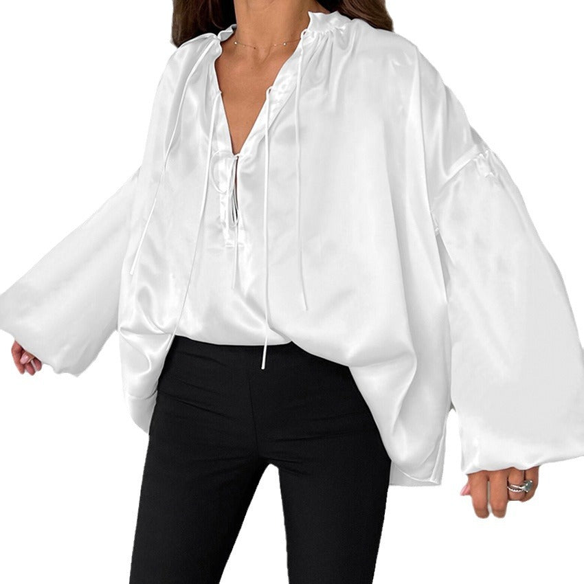 Dame elegant bluse med smart bindebånd og vide ærmer Stilla