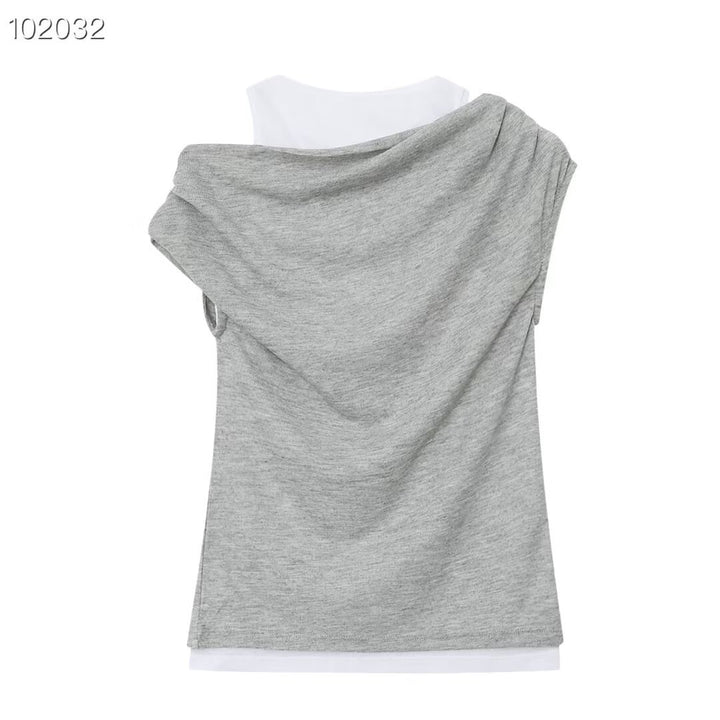 Damer casual overlay T-shirt med asymmetrisk snit og elegante folder Skovae