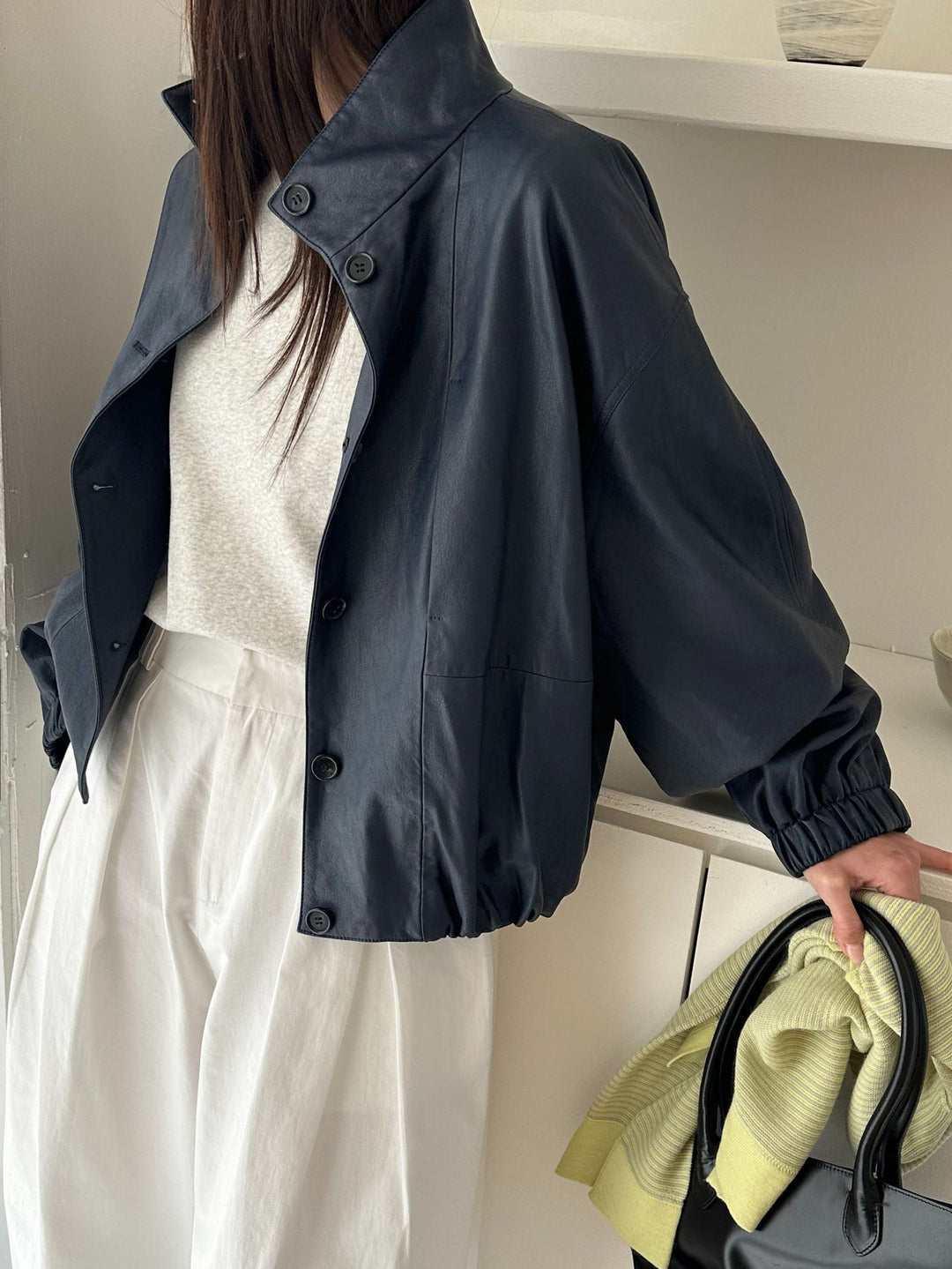 Dame Oversized Læderjakke med stilfulde Puffærmer Stilla