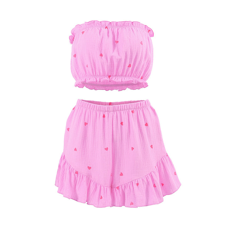 Dame Crop-Top og Shorts-Sæt med Flæse Detaljer Stilla