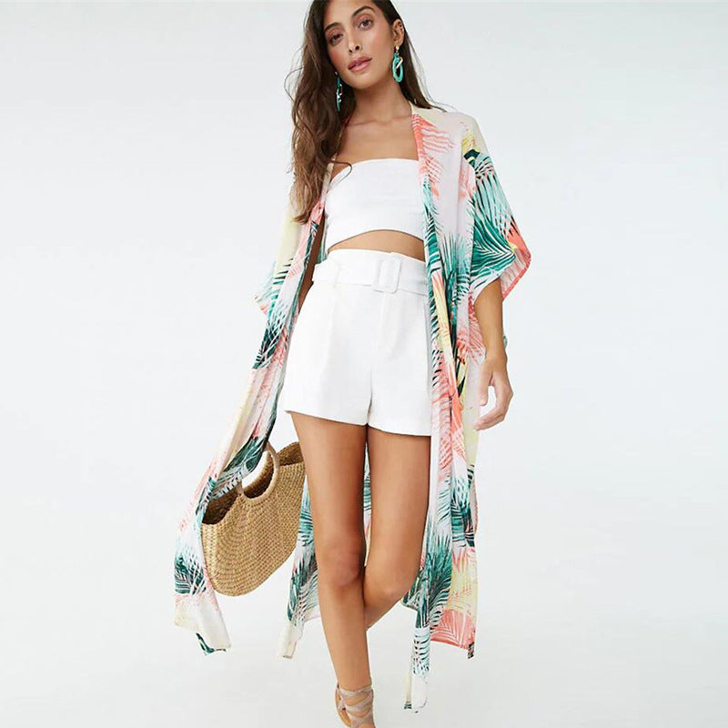 Dame Strandkimono med elegant palmeprint og afslappet pasform Stilla
