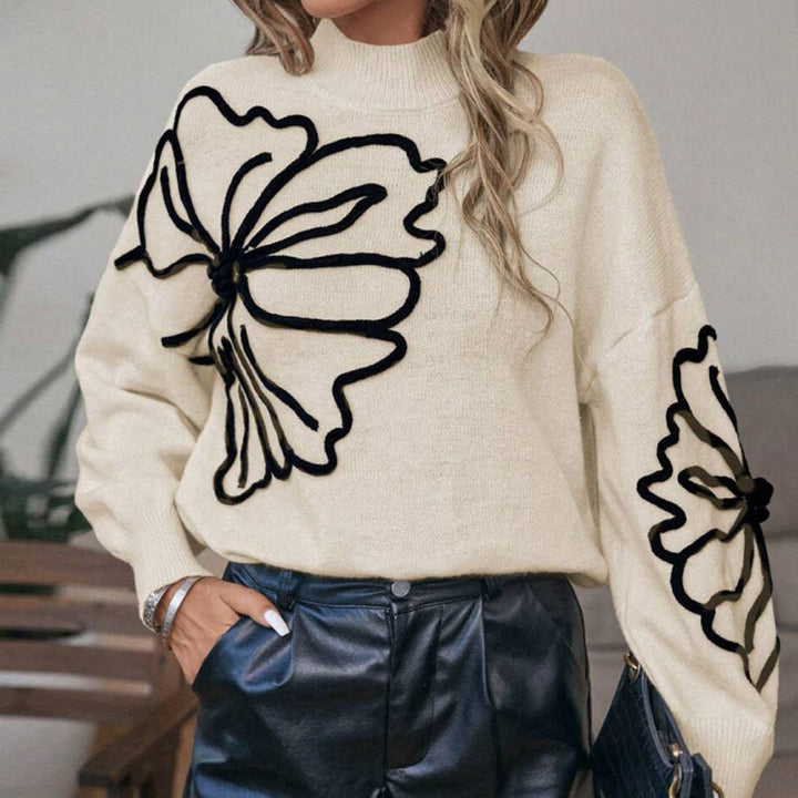 Kvinders strikket sweater med blomster 3D design Stilla