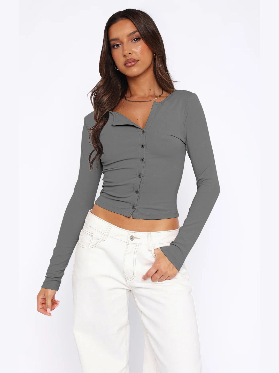 Dame langærmet knapdekoreret crop-top med raffineret krave Stilla