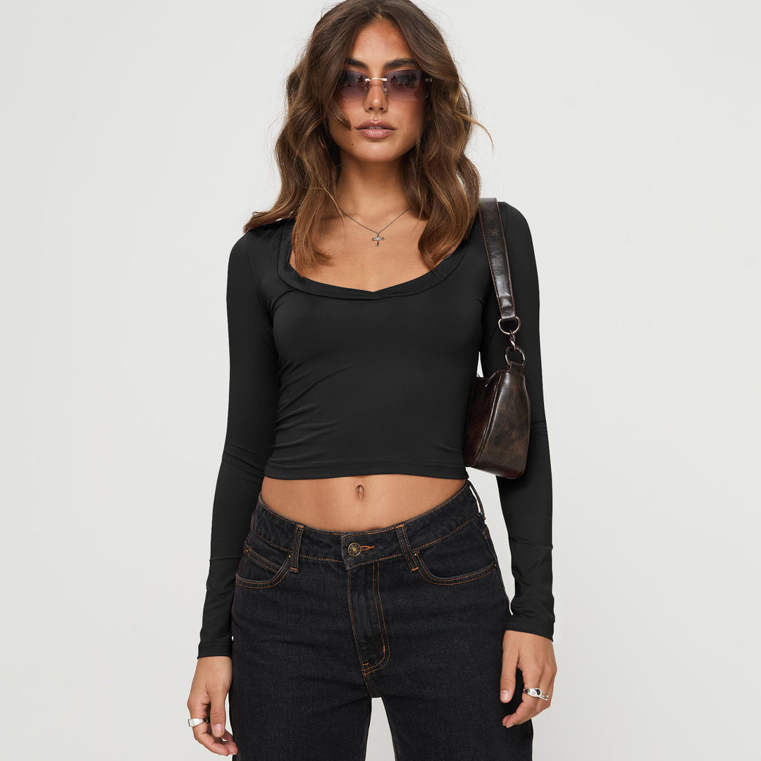 Dame højtaljede cropped top med kvadratisk brystudskæring og lange ærmer Stilla