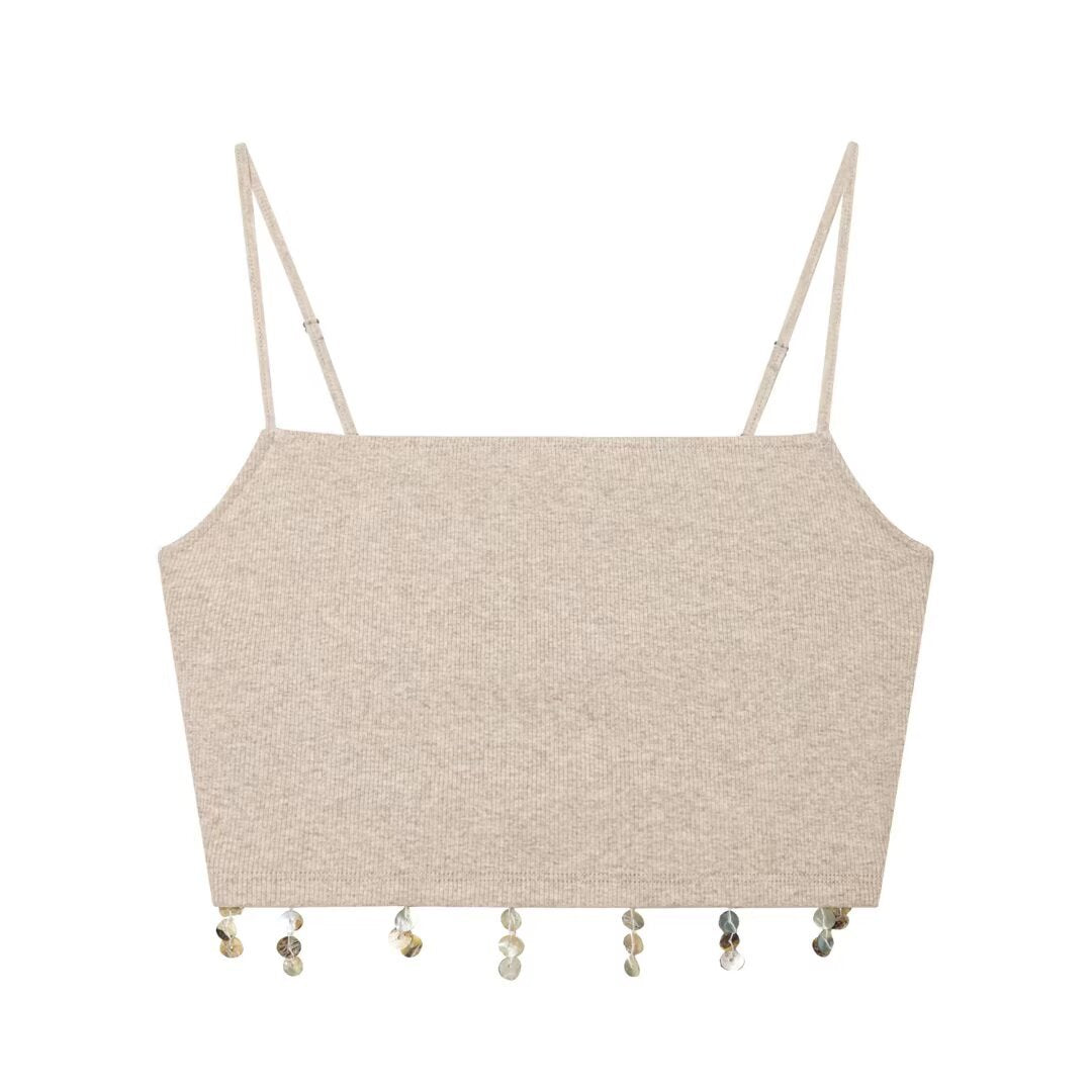 Dame Cropped Top med fine stropper og glitrende kant Skovae