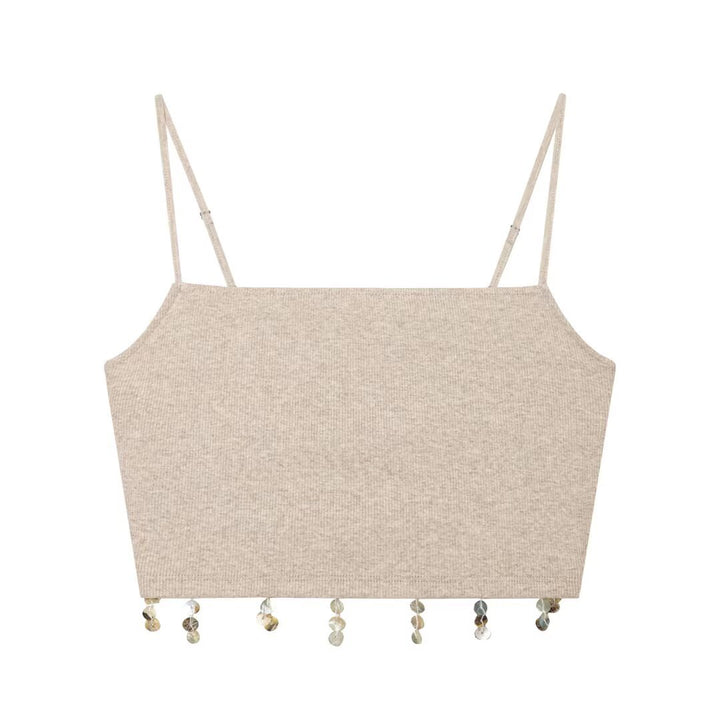 Dame Cropped Top med fine stropper og glitrende kant Skovae