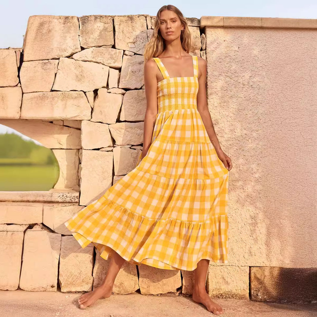 Dame sommer maxi kjoler med ternet design og stropper Skovae