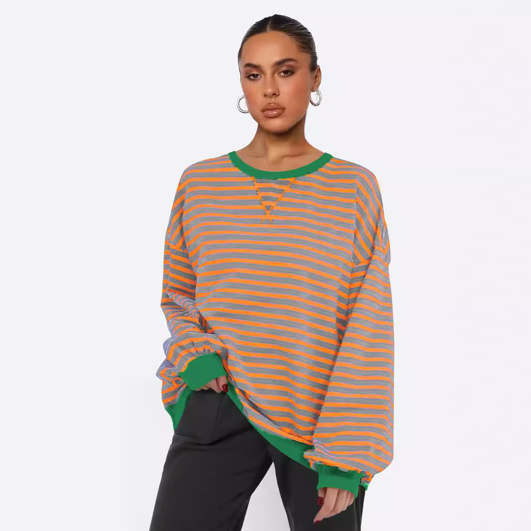 Dame overdimensioneret stribet sweater med pufærmer Stilla