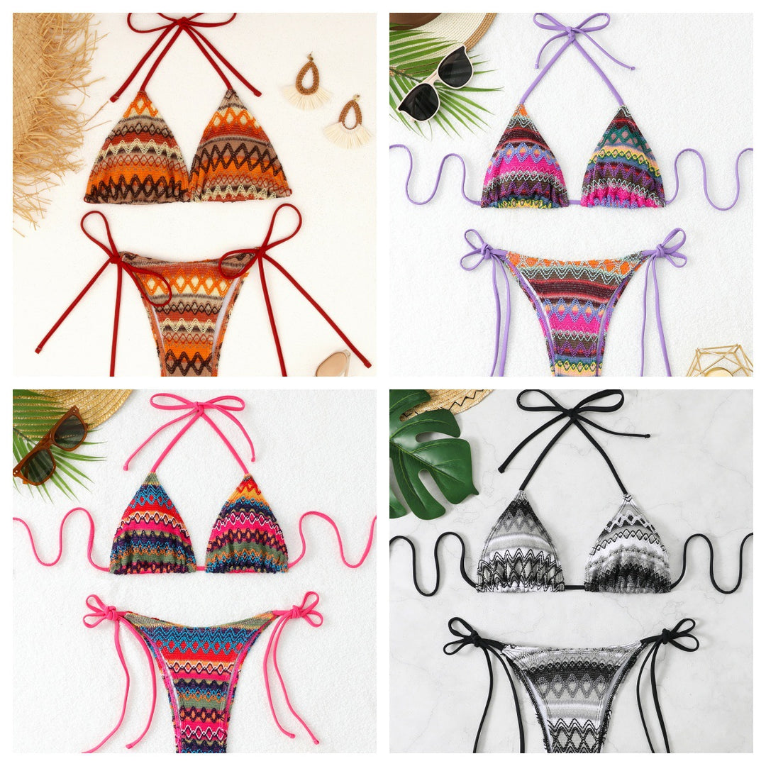 Dame Triangle-Bikini med muntert mønster og justerbare bånd Skovae