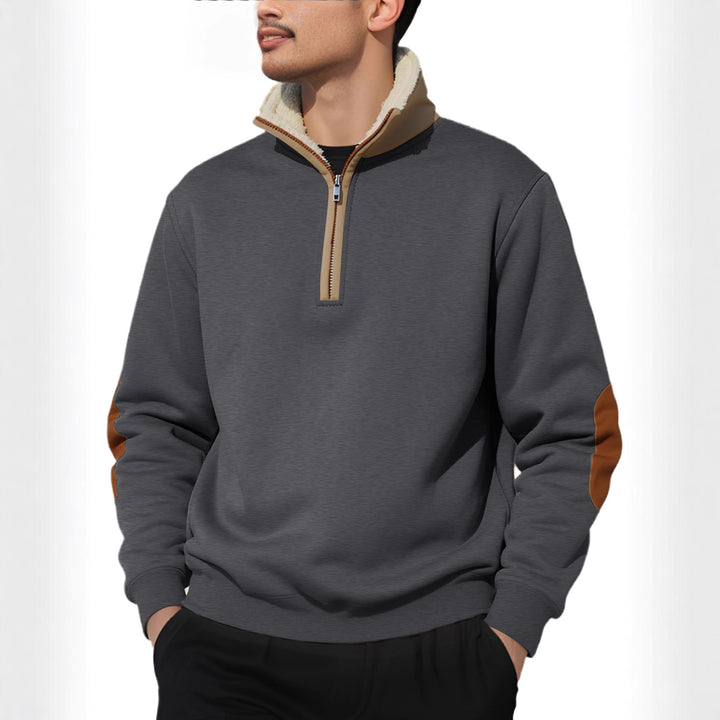 Herre nan legeres halvzip-sweatshirt med sherpa-futteret ståkrave og kunstlæder-albueapplikation Skovae