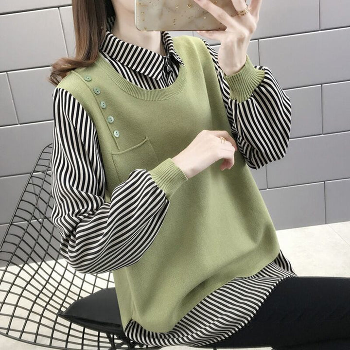 Dame Lagdelt Pullover med Stribet Skjorte Bluse Indsæt Stilla