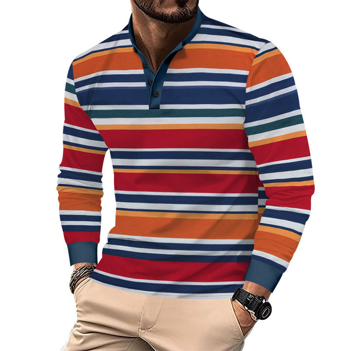 Herren nan stribet langærmet Henley skjorte med ståkrave, slank pasform og elastisk bomuldsblanding Skovae