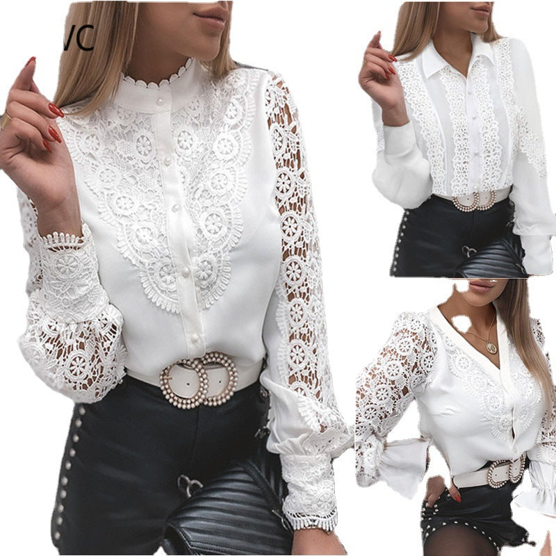 Dame spids bluse med florale ornamenter og lange ærmer Stilla