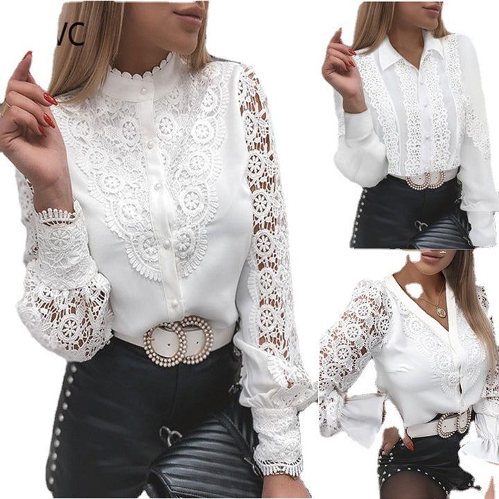 Dame spids bluse med florale ornamenter og lange ærmer Stilla