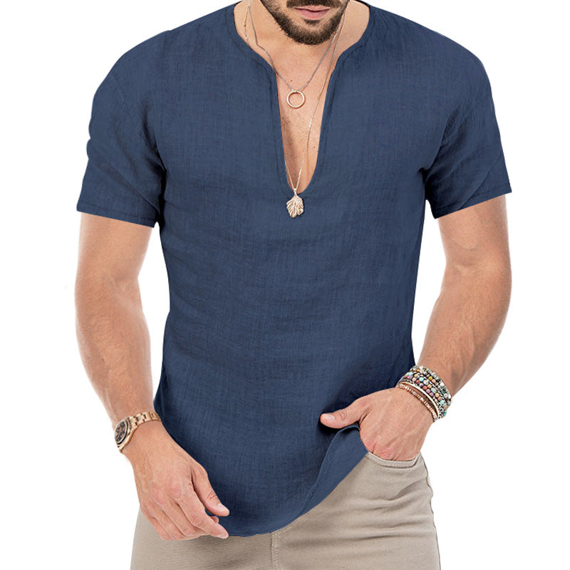 Herre kortærmet Henley-shirt med dyb V-hals Stilla