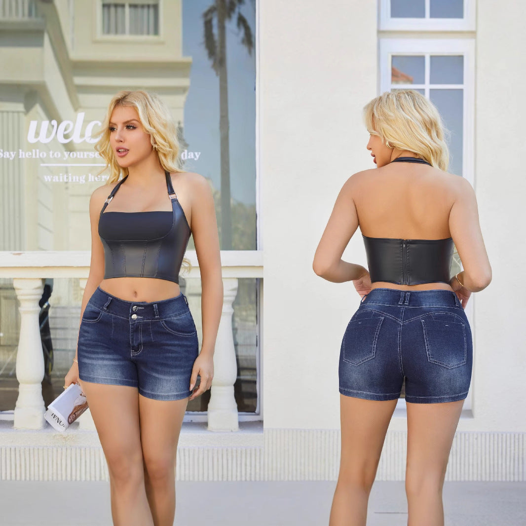 Dame højtaljede jeansshorts med dekorative knapdetaljer Stilla
