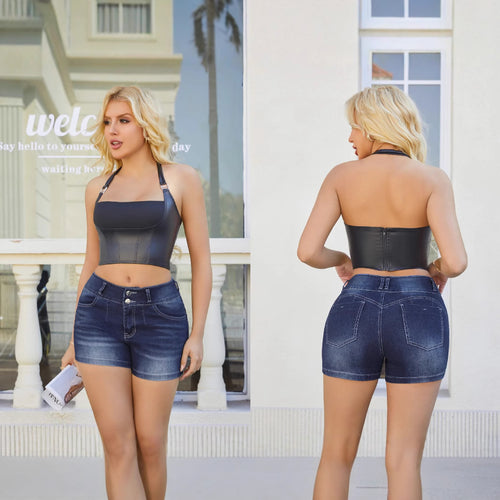 Dame højtaljede jeansshorts med dekorative knapdetaljer Stilla