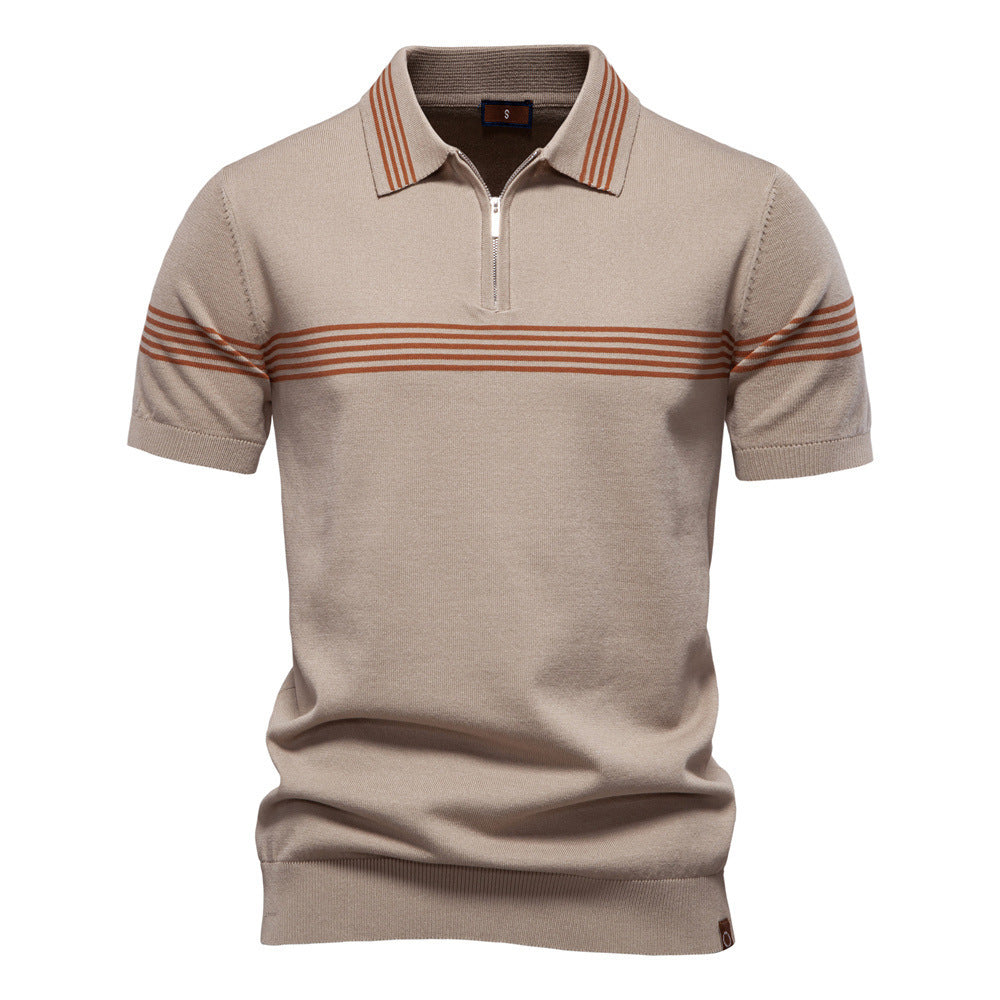 Herrer nan edelt finstrik-polo-shirt med kort metal lynlås, ribbede ærmer og kontrasterede stribebånd Skovae