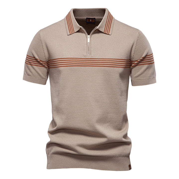 Herrer nan edelt finstrik-polo-shirt med kort metal lynlås, ribbede ærmer og kontrasterede stribebånd Skovae