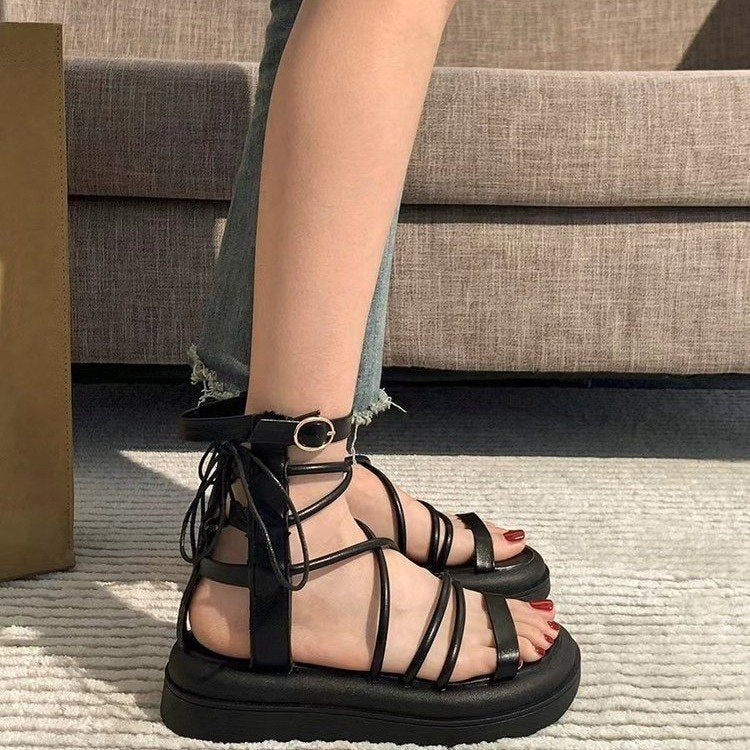 Dame elegante plateau-sandaletter med fashionable snører og justerbar rem Stilla